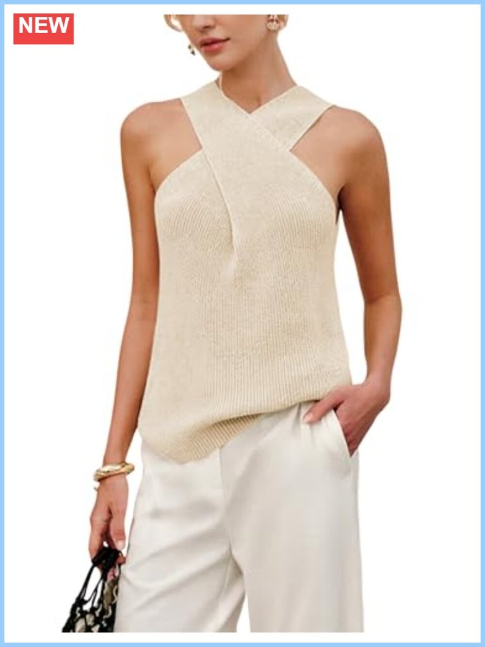 Women's Halter Cross Over Collar Knit Tank Top Sleeveless Summer Blouse Viscose
